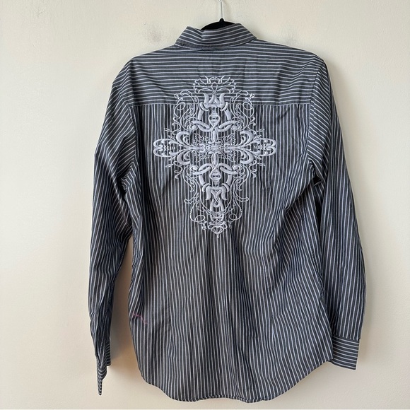 7 Diamonds | Gray Striped Embroidered Back Button Down Shirt Men's Large - Picture 1 of 8